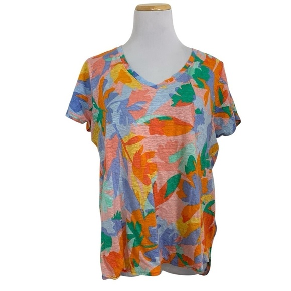 Joie 100% Linen Top Women’s 1X Colorful V Neck Short Sleeve Lightweight Coastal - Picture 1 of 16